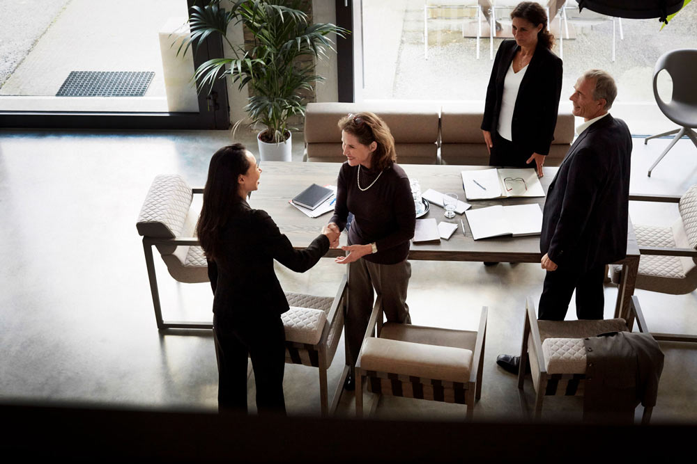 Personer hälsar på varandra i ett möte